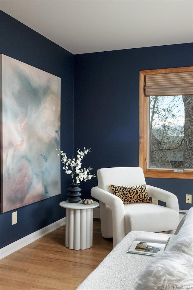 living area featuring baseboards and wood finished floors