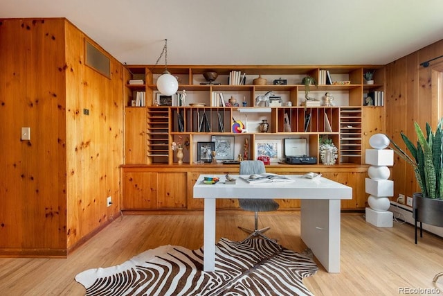 office space with wooden walls and light wood-type flooring