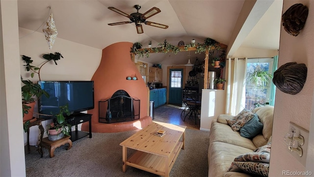 8211 Rocky Mountain Dr, Lakewood, CO 80214 - carpeted living room with a ceiling fan and lofted ceiling