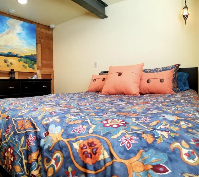 8211 Rocky Mountain Dr, Lakewood, CO 80214 - bedroom featuring beam ceiling, recessed lighting, and wood walls