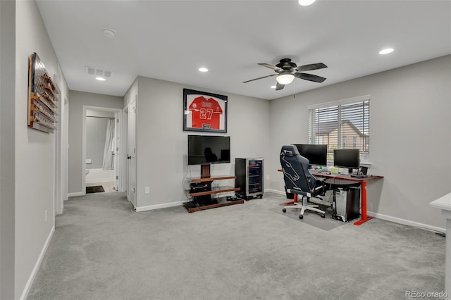 carpeted home office with baseboards, ceiling fan, recessed lighting, and visible vents