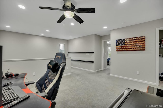 carpeted home office with recessed lighting, baseboards, and ceiling fan