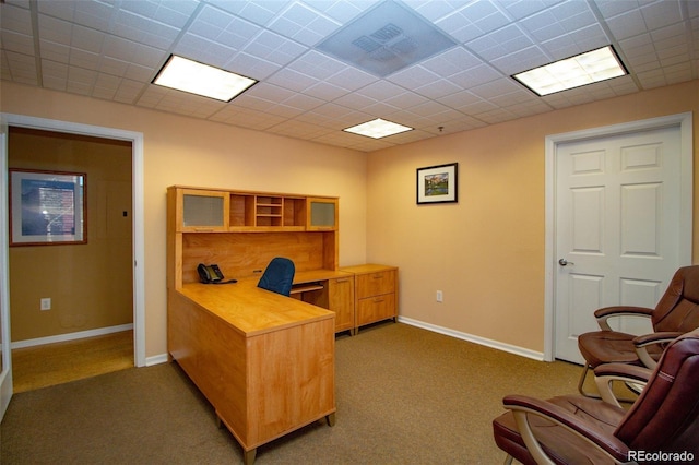 office area with carpet flooring, a paneled ceiling, and baseboards