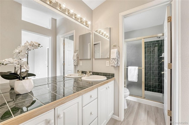 bathroom with toilet, hardwood / wood-style floors, vanity, and a shower with shower door