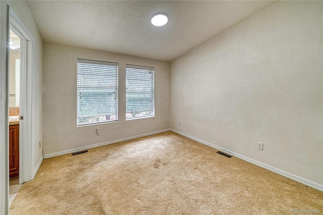 empty room featuring a textured ceiling and light colored carpet