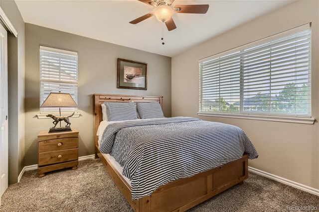 3120 Redhaven Way, Highlands Ranch, CO 80126 - carpeted bedroom with a closet, baseboards, multiple windows, and a ceiling fan
