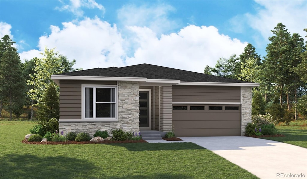 prairie-style house with stone siding, a garage, driveway, and a front lawn