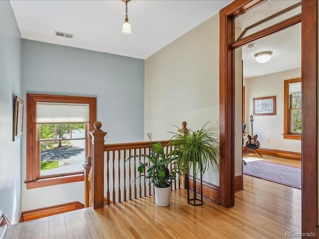 corridor with wood finished floors, healthy amount of natural light, and baseboards