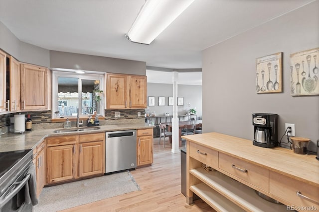 kitchen featuring sink, appliances with stainless steel finishes, light hardwood / wood-style floors, decorative backsplash, and light brown cabinets