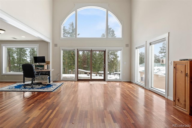 27987 Pine Grove Trl, Conifer, CO 80433 - office space featuring a high ceiling, hardwood / wood-style floors, and baseboards