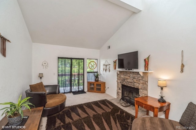 8654 Decatur St Unit 251, Westminster, CO 80031 - living area featuring carpet, high vaulted ceiling, and a fireplace