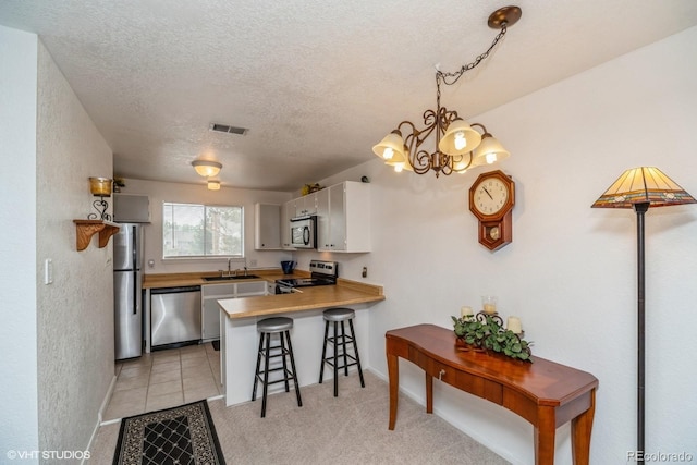 8654 Decatur St Unit 251, Westminster, CO 80031 - kitchen with stainless steel appliances, a peninsula, a textured ceiling, a sink, and a kitchen breakfast bar