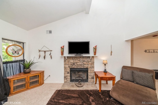 8654 Decatur St Unit 251, Westminster, CO 80031 - living room with high vaulted ceiling, carpet, a fireplace, and baseboards