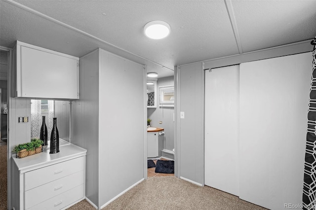 interior space featuring a textured ceiling and light colored carpet