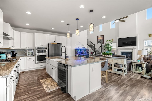 1114 Basalt Ridge Loop, Castle Rock, CO 80108 - kitchen featuring stainless steel appliances, a sink, open floor plan, a ceiling fan, and white cabinets