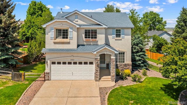 4960 Seton Pl, Colorado Springs, CO 80918 - traditional-style home with stucco siding, stone siding, a garage, concrete driveway, and a shingled roof