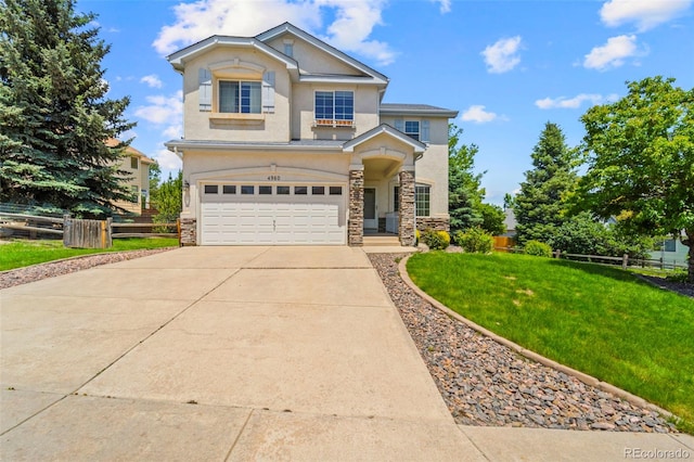 4960 Seton Pl, Colorado Springs, CO 80918 - view of front facade with stone siding, an attached garage, stucco siding, and driveway