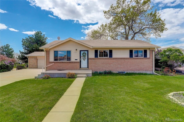 single story home featuring a front yard, a garage, brick siding, and driveway