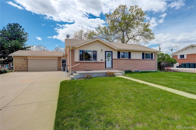 ranch-style home with brick siding, driveway, an attached garage, and a front lawn