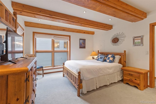 1107 Penstemon Rd, Dillon, CO 80435 - bedroom with light carpet, recessed lighting, and beam ceiling