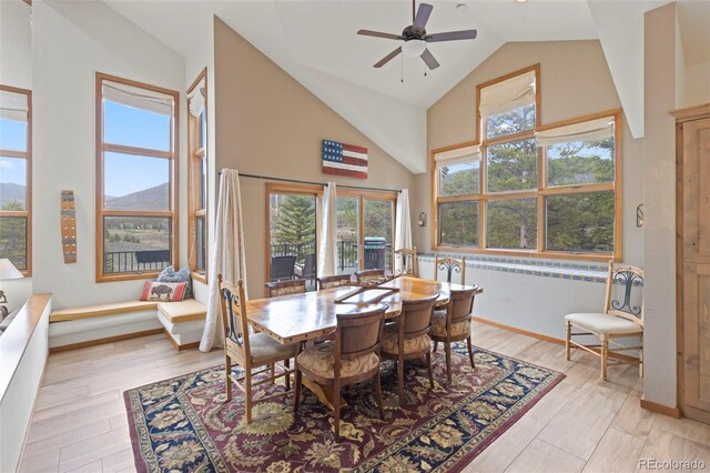 1107 Penstemon Rd, Dillon, CO 80435 - dining space featuring ceiling fan, high vaulted ceiling, light wood-style floors, and baseboards
