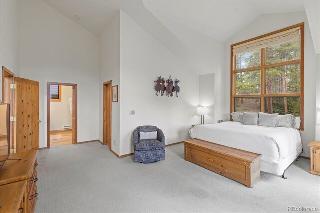 1107 Penstemon Rd, Dillon, CO 80435 - bedroom with baseboard heating, high vaulted ceiling, carpet flooring, and baseboards