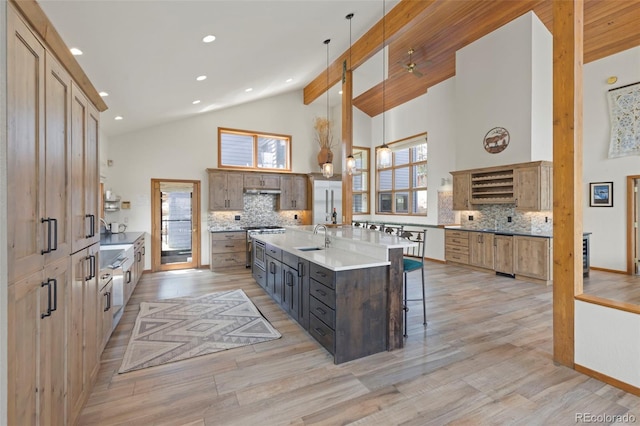 1107 Penstemon Rd, Dillon, CO 80435 - kitchen with a sink, tasteful backsplash, open shelves, and stove