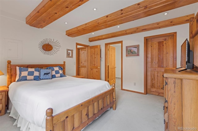 1107 Penstemon Rd, Dillon, CO 80435 - bedroom featuring recessed lighting, light colored carpet, baseboards, and beam ceiling