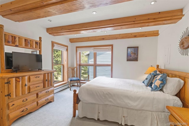 1107 Penstemon Rd, Dillon, CO 80435 - carpeted bedroom with beamed ceiling, a baseboard radiator, and recessed lighting