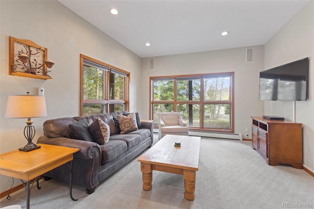 1107 Penstemon Rd, Dillon, CO 80435 - living room featuring baseboards, light carpet, recessed lighting, visible vents, and a baseboard radiator