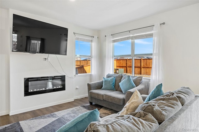 4125 Marble Dr, Longmont, CO 80504 - living area featuring a glass covered fireplace, wood finished floors, and baseboards