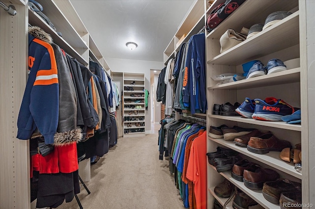 walk in closet featuring light carpet