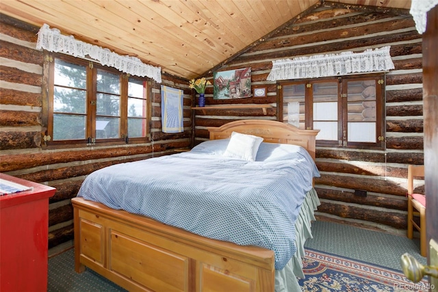 16048 Old Stagecoach Rd, Pine, CO 80470 - bedroom with vaulted ceiling, log walls, carpet flooring, and wood ceiling