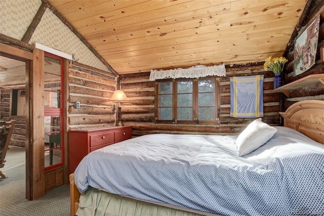 16048 Old Stagecoach Rd, Pine, CO 80470 - carpeted bedroom featuring rustic walls, vaulted ceiling, and wood ceiling