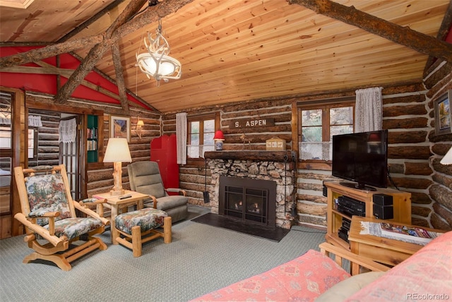 16048 Old Stagecoach Rd, Pine, CO 80470 - living area with rustic walls, wood ceiling, carpet floors, lofted ceiling, and a fireplace