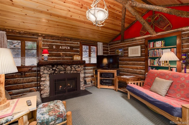 16048 Old Stagecoach Rd, Pine, CO 80470 - sitting room with rustic walls, plenty of natural light, wooden ceiling, carpet, and vaulted ceiling