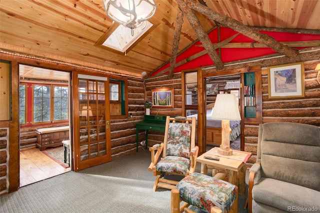 16048 Old Stagecoach Rd, Pine, CO 80470 - sitting room featuring rustic walls, wood ceiling, carpet flooring, vaulted ceiling, and a skylight