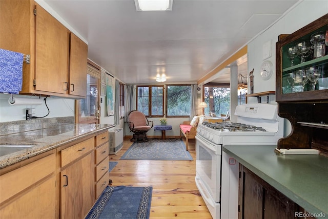 16048 Old Stagecoach Rd, Pine, CO 80470 - kitchen with white gas range oven and light wood-type flooring