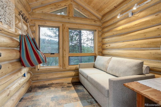 16048 Old Stagecoach Rd, Pine, CO 80470 - sitting room featuring rustic walls, lofted ceiling, and wooden ceiling