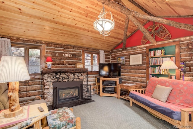 16048 Old Stagecoach Rd, Pine, CO 80470 - carpeted living room with wood ceiling, rustic walls, vaulted ceiling, and a fireplace