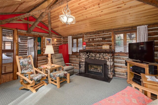 16048 Old Stagecoach Rd, Pine, CO 80470 - living room featuring rustic walls, wood ceiling, carpet floors, stairway, and vaulted ceiling