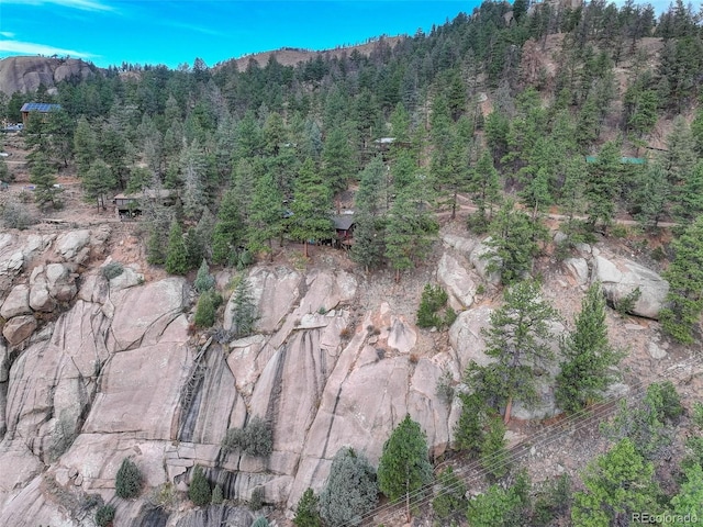 16048 Old Stagecoach Rd, Pine, CO 80470 - aerial view of property and surrounding area with a heavily wooded area and a mountainous background