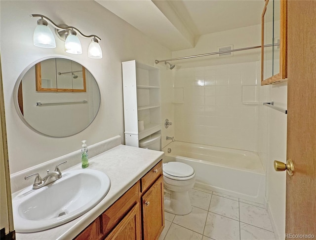 full bathroom featuring shower / tub combination, tile patterned floors, vanity, and toilet