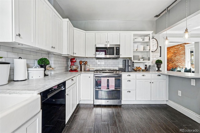 kitchen featuring open shelves, appliances with stainless steel finishes, dark wood finished floors, white cabinetry, and backsplash
