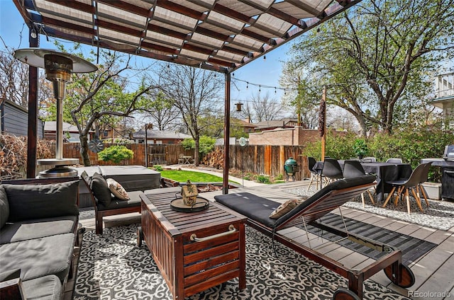 view of patio with a pergola, outdoor dining space, an outdoor hangout area, and a fenced backyard