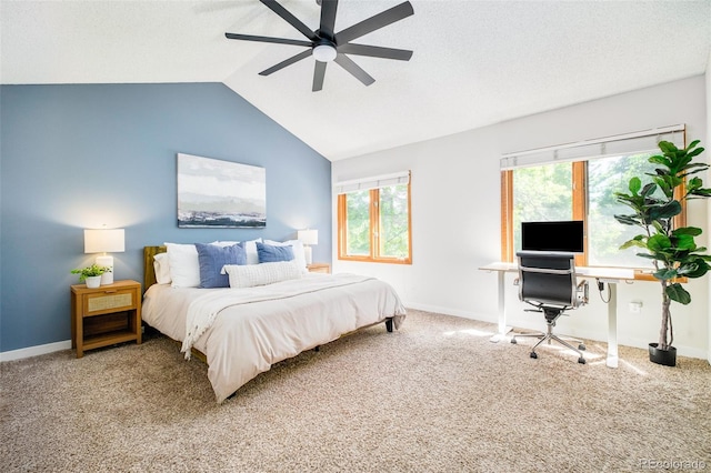 16438 E Prentice Cir, Centennial, CO 80015 - bedroom with multiple windows, carpet, vaulted ceiling, and ceiling fan