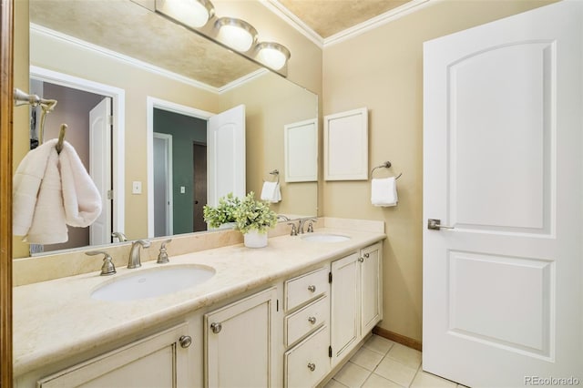 16438 E Prentice Cir, Centennial, CO 80015 - bathroom with double vanity, crown molding, and tile patterned flooring