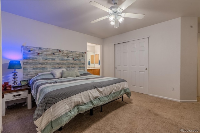 bedroom with ceiling fan, a closet, and carpet floors