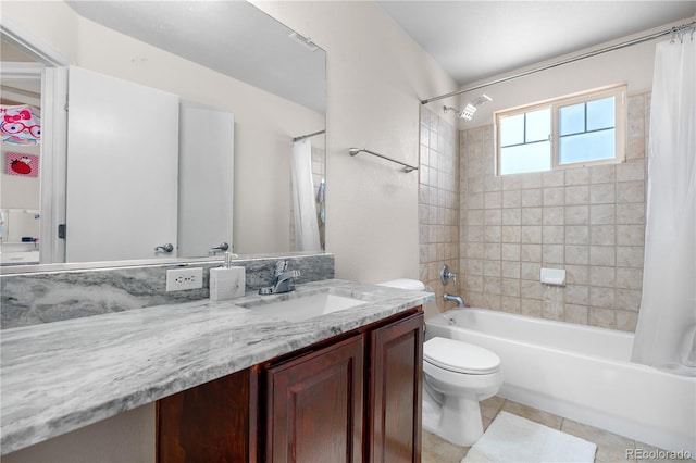bathroom with toilet, shower / bath combo, visible vents, tile patterned flooring, and vanity