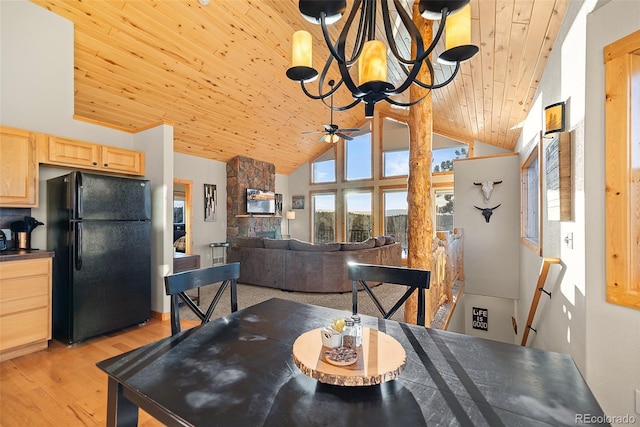 270 Piaute Way, Como, CO 80432 - dining area featuring wooden ceiling, a ceiling fan, light wood-type flooring, and high vaulted ceiling